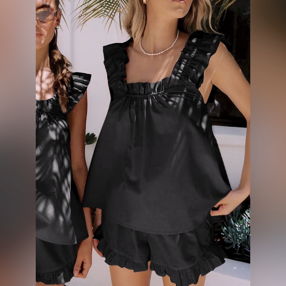 Commense Black Ruffle Sleeveless Top and Shorts Set